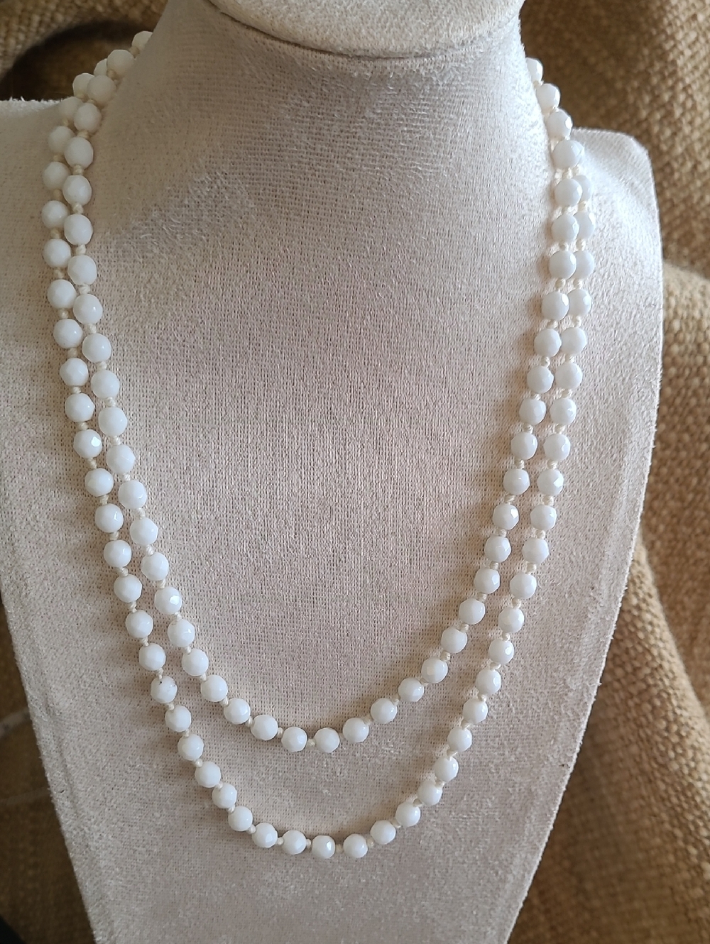 Classic Vintage White Faceted Glass Beaded Long Necklace